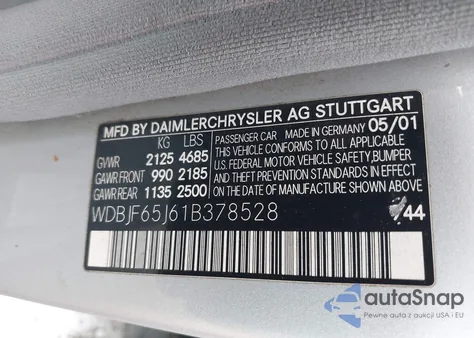 2001 Mercedes-Benz E 320 z USA, uszkodzony, nr VIN WDBJF65J61B378528